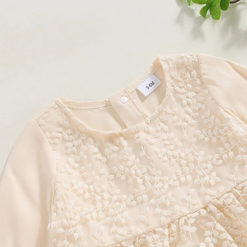Toddler Girl Floral Print Long Sleeve Round Neck Ruffle Hem Dress High Waist Patchwork Lace Party Romper Dress with Bow