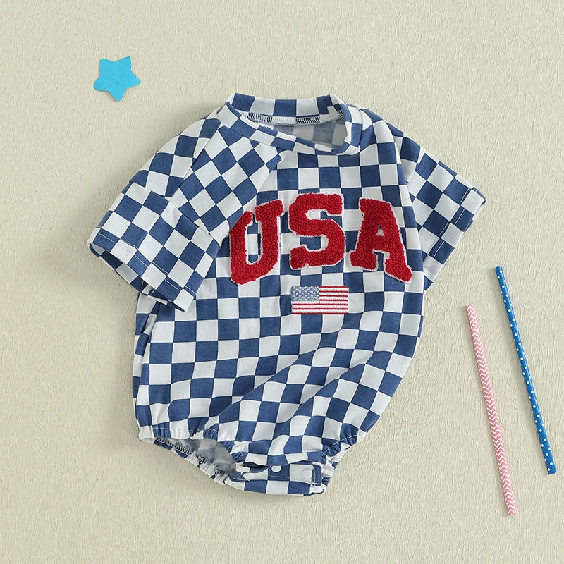 Infant Independence Day  Oversized Design with USA Flag Detail and Checkered Pattern Short Sleeves Baby Outfit