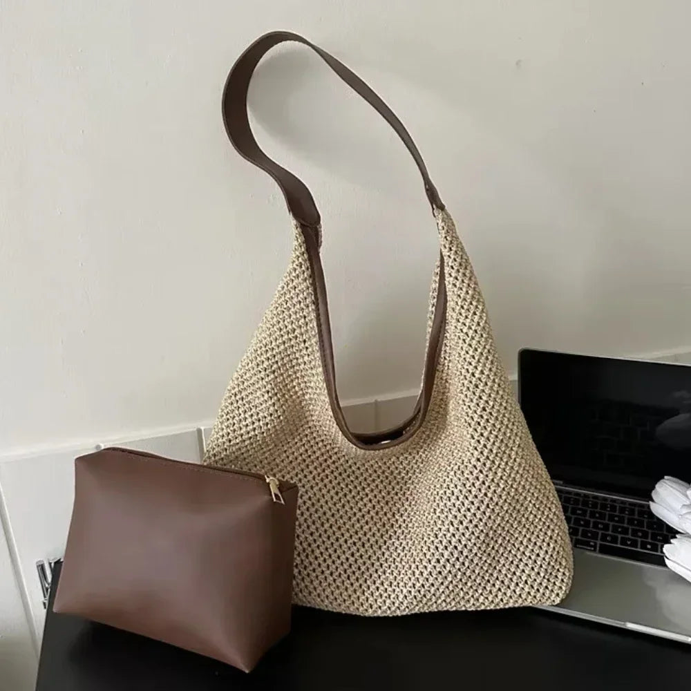 Travel Beach Straw Bag Rattan Woven Handmade Knitted Summer Beach Bag Straw Large Capacity Women Shoulder Bags Handbag Shopper