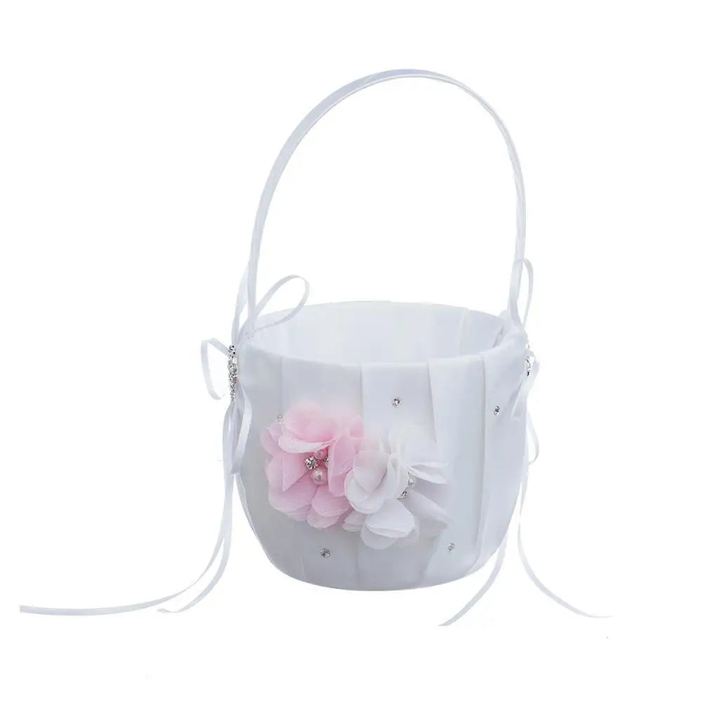Wedding Bowknot Faux Pearl Flower Girl Basket With Heart Shape Decor Pink