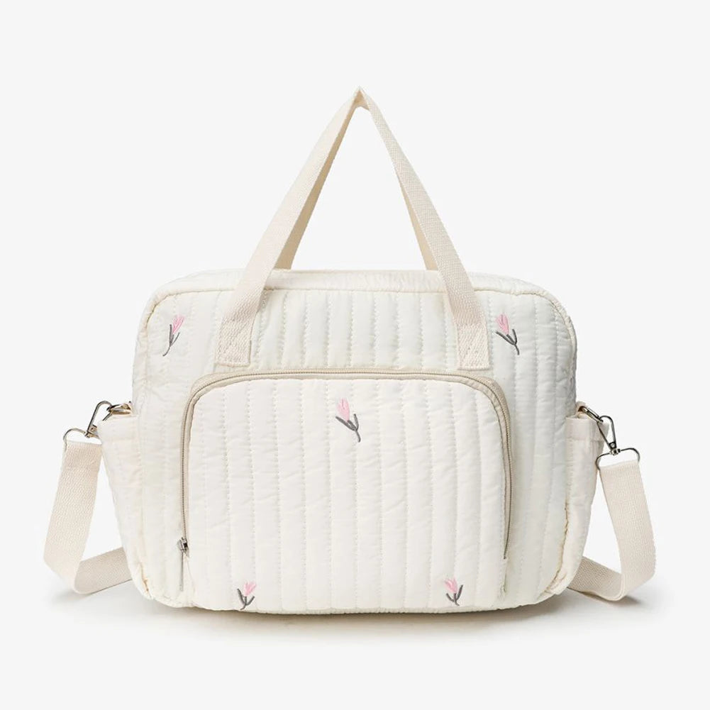 Bear/Flower Quilted Mommy Bag Multifunctional Utility Tote Bag Cotton Crossbody Maternity Bag Adjustable Strap Diaper Handbag