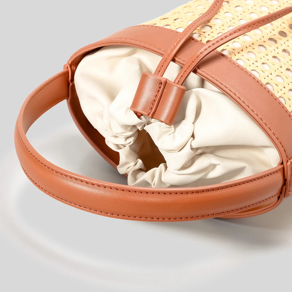 Rattan Bag PU Leather Bucket Bag Summer Hollow Shoulder Bag Holiday Travel Handbag for Women