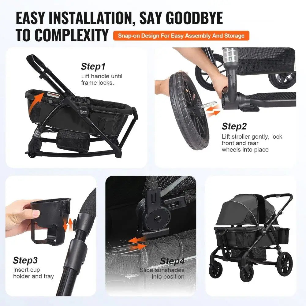 All-Terrain 2 Seat Foldable Expedition 2-in-1 Wagon Stroller with Canopy Parent Organizer Snack Tray Cup Holders 55lbs Black