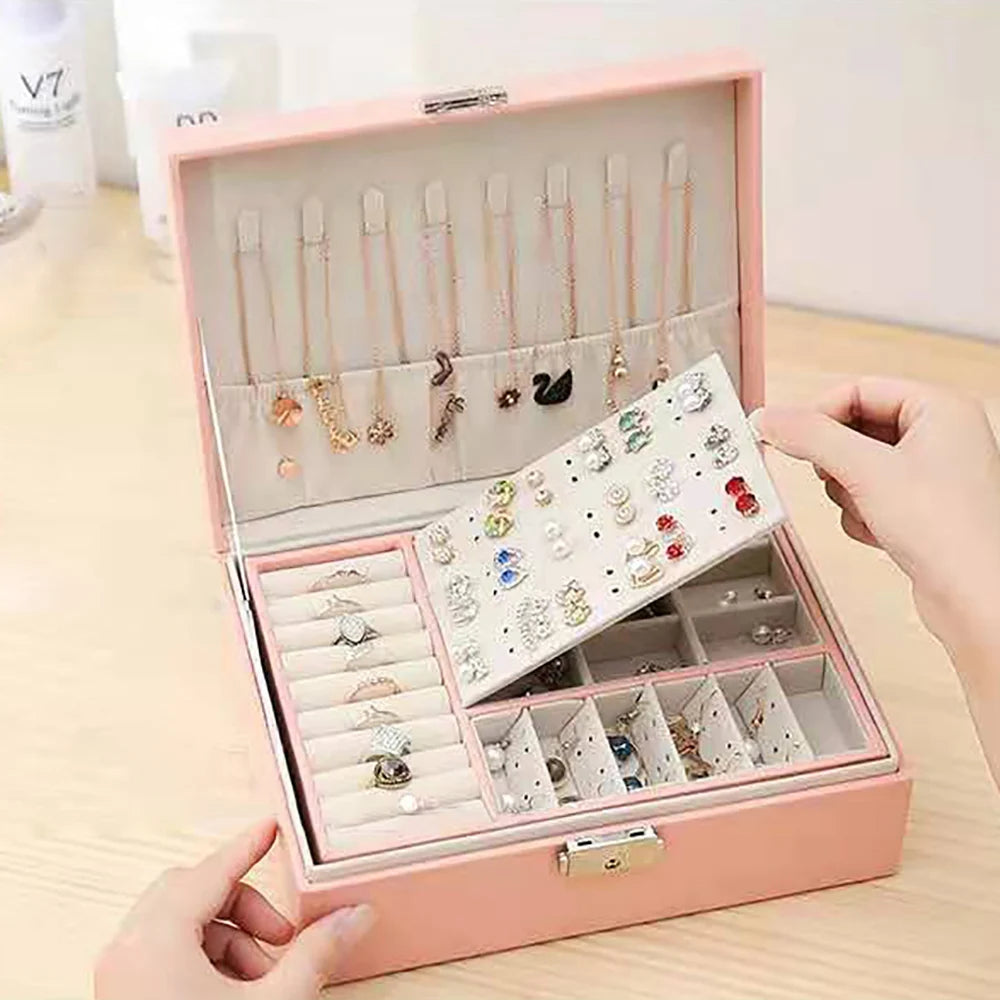 Jewelry Box for Necklaces Rings Earrings, Double Layers Storage Velvet Cosmetics Holder for Women, Pink