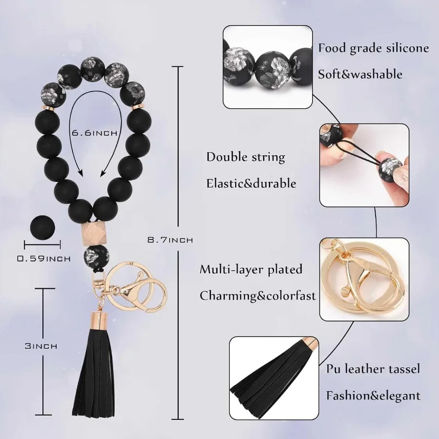 BAOSIWA Silicone Key Ring Bracelet Wristlet Keychain Unique Beaded Bangle Key Chains for Women with Leather Tassel