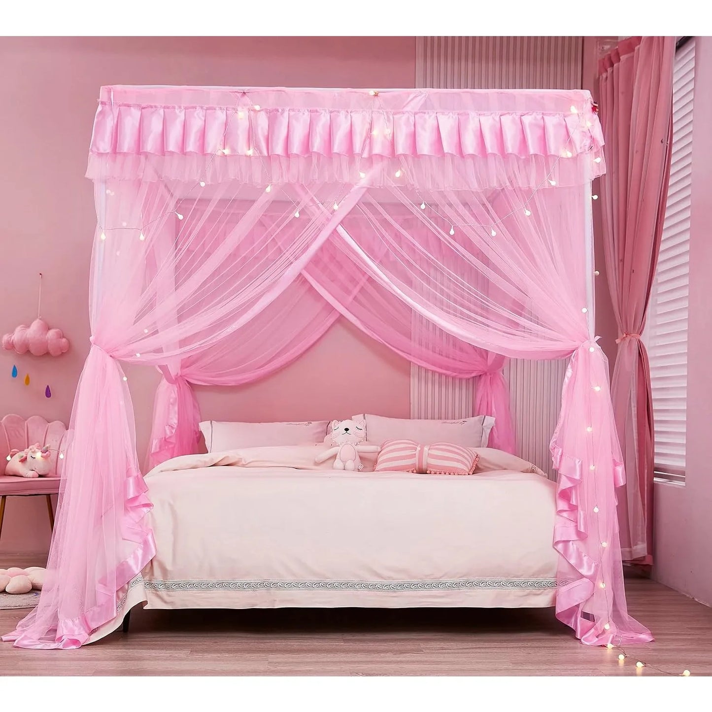 4-point canopy bed curtains, suitable for girls in full size - curtain bed frame, cute princess bedroom decoration (pink)