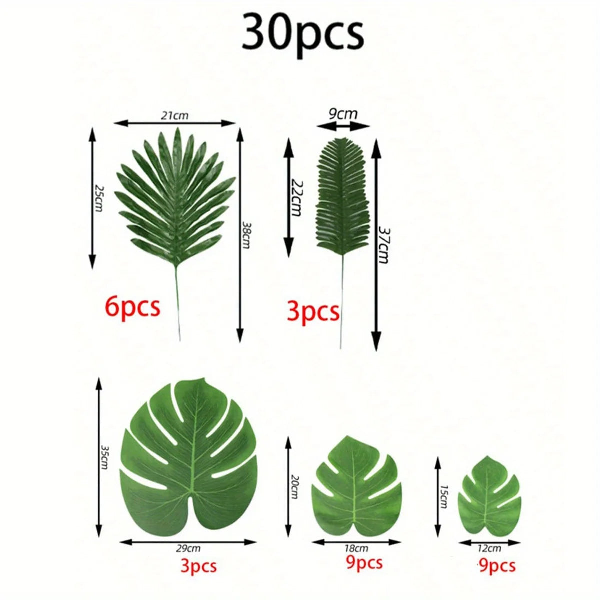 Artificial Palm Leaves 21-30 Pack, 5-8 Kinds Large Small Green Fake Palm Leaf with Stems for Safari Jungle Hawaiian Luau