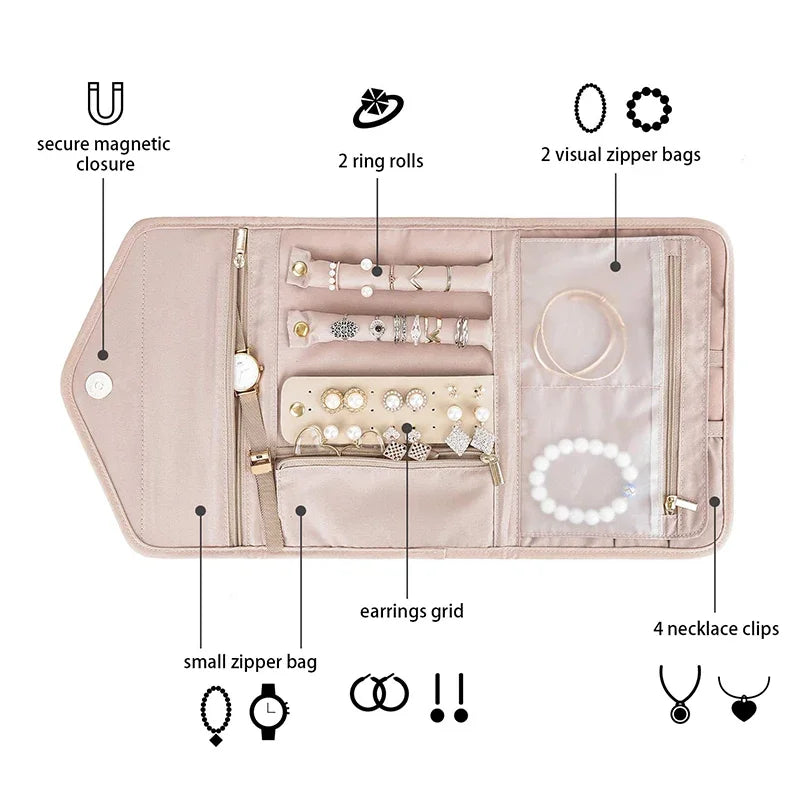 Foldable Fashion Portable Jewelry Bag, Large Women's Travel Jewelry Roll, Necklace Earring Ring Jewellery Display Storage Bag