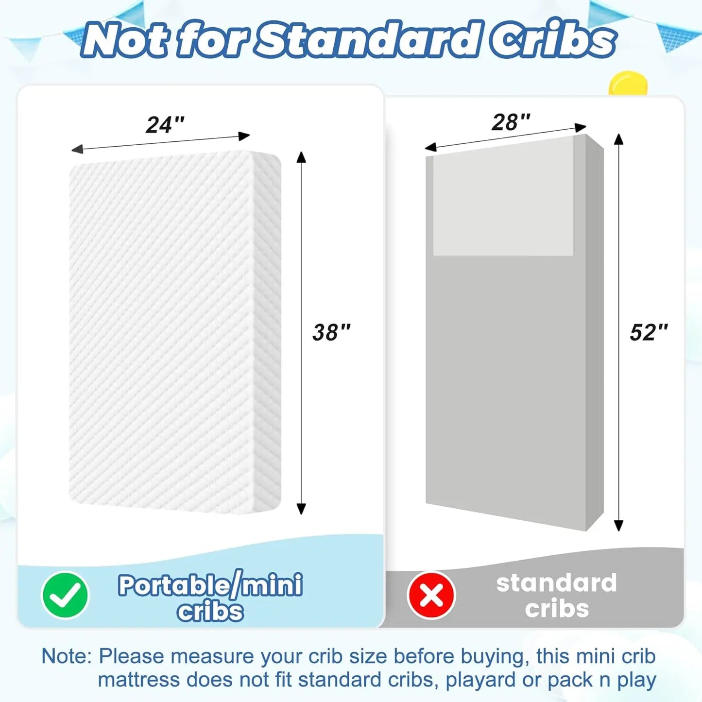 38’’x24’’ Mini Crib Mattress, Dual-Sided Waterproof Breathable Hypoallergenic, Premium Memory Foam & High Density Foam, White