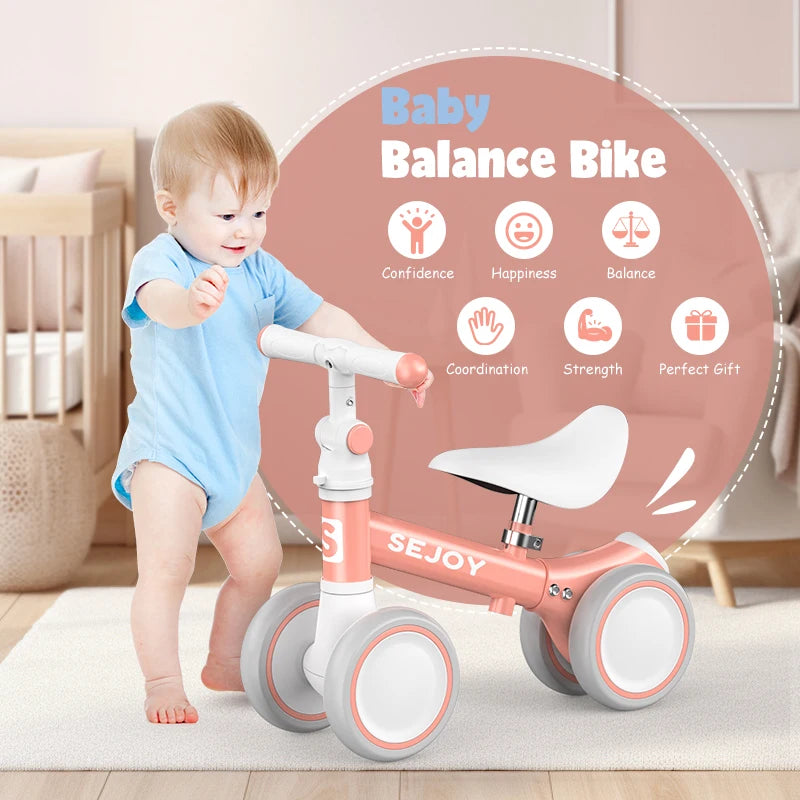 Sejoy Baby Balance Bike for 12-36 Months Gifts,Cute Toddler Bikes to Train Baby from Standing to Running with 4 Wheels