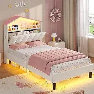 Twin Girls Bed Frame with LED Lights,Princess Velvet Upholstered Bed,Platform Bed for Girls,Led Bed Frame Twin, Headboard with