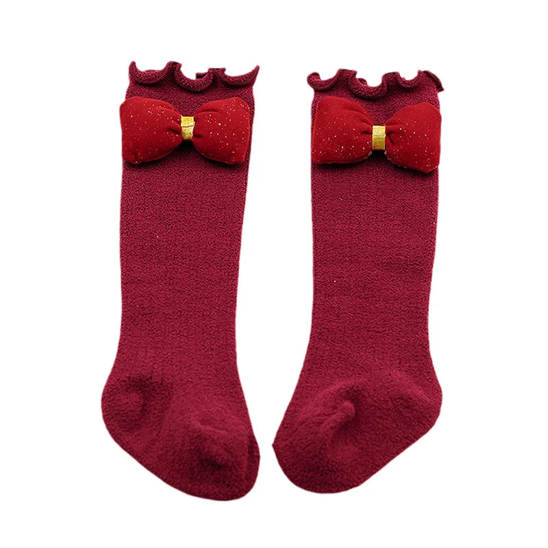 Adorable Baby Girl Knee High Socks with Lotus Edge Design and Bow Detail Soft Elastic Material for Cozy Warmth and Style