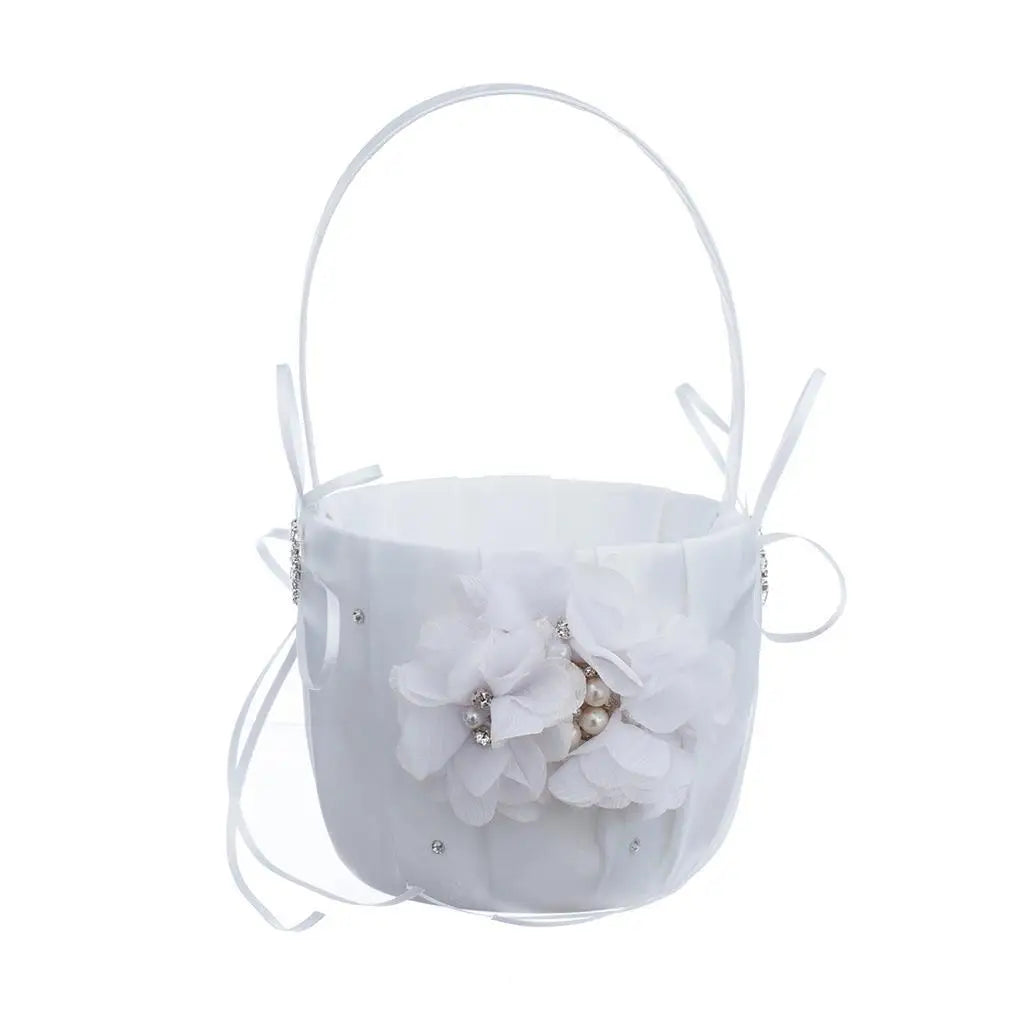 Wedding Bowknot Faux Pearl Flower Girl Basket With Heart Shape Decor Pink