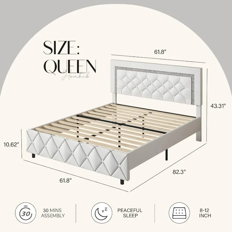 home.Queen Platform Bed Frame with Upholstered Diamond Headboard, Mattress Foundation with Strong Wooden Slats Support, N