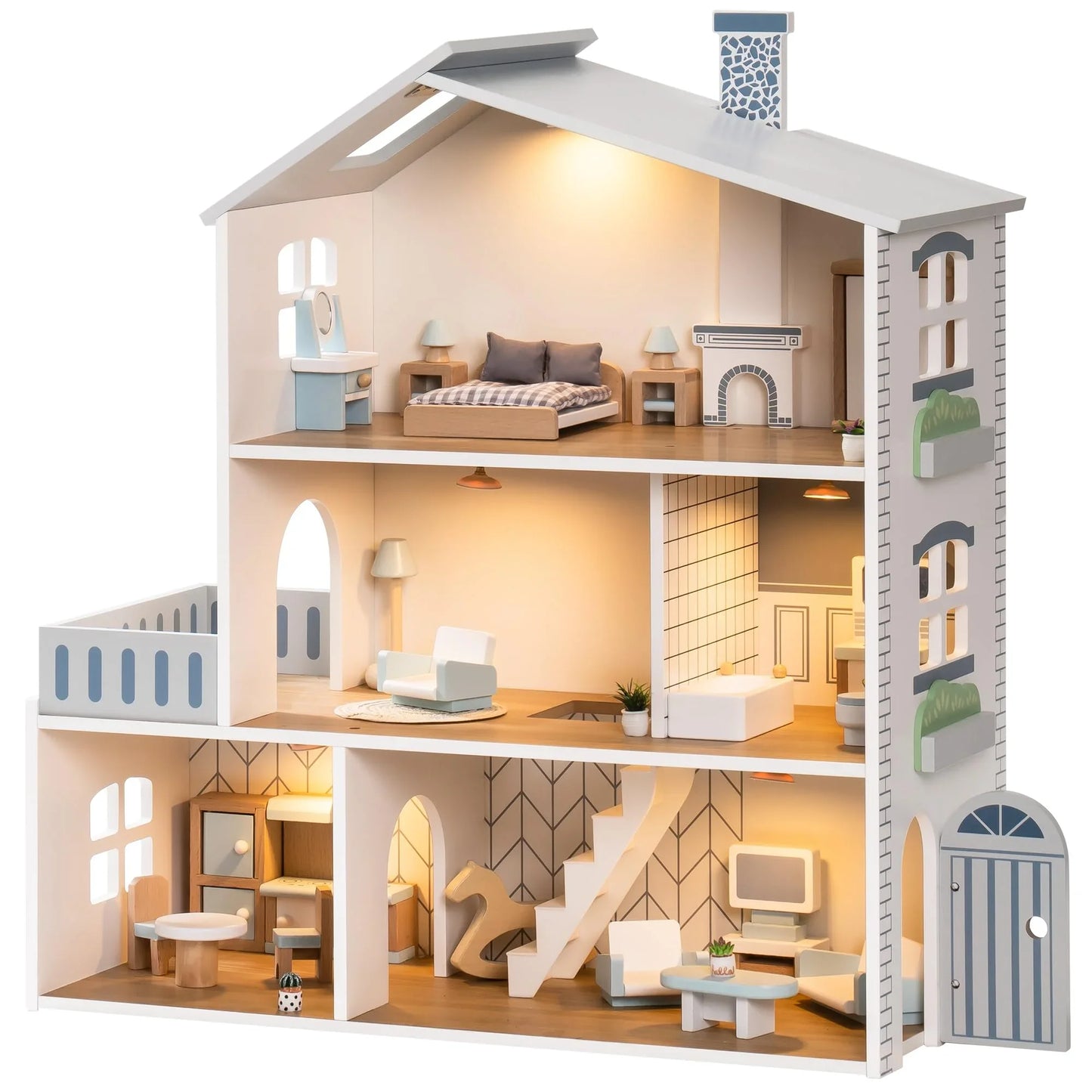 Robotime Robud Wooden Dollhouse 6 Rooms 29 Realistic Accessories 4-6" Dolls Nordic Style Kids Toddlers Gift Ages 3+