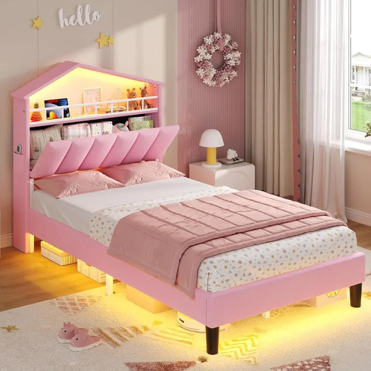 Twin Girls Bed Frame with LED Lights,Princess Velvet Upholstered Bed,Platform Bed for Girls,Led Bed Frame Twin, Headboard with