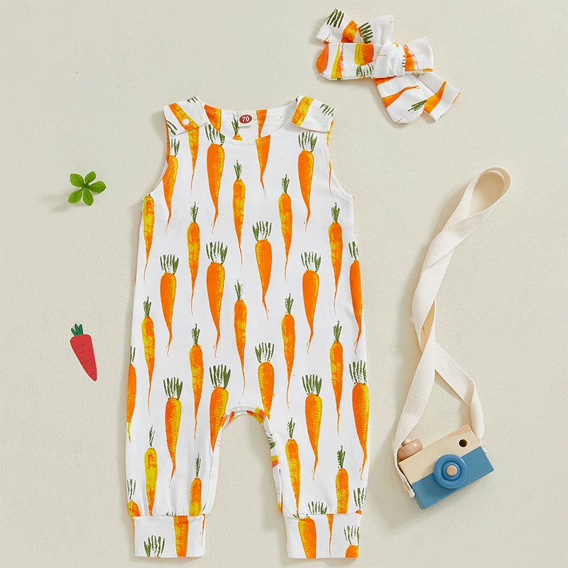 Toddler Girl 2-Piece Easter Dress Set with Bunny Print Sleeveless Jumpsuit and Matching Headband - Adorable Newborn Outfit for