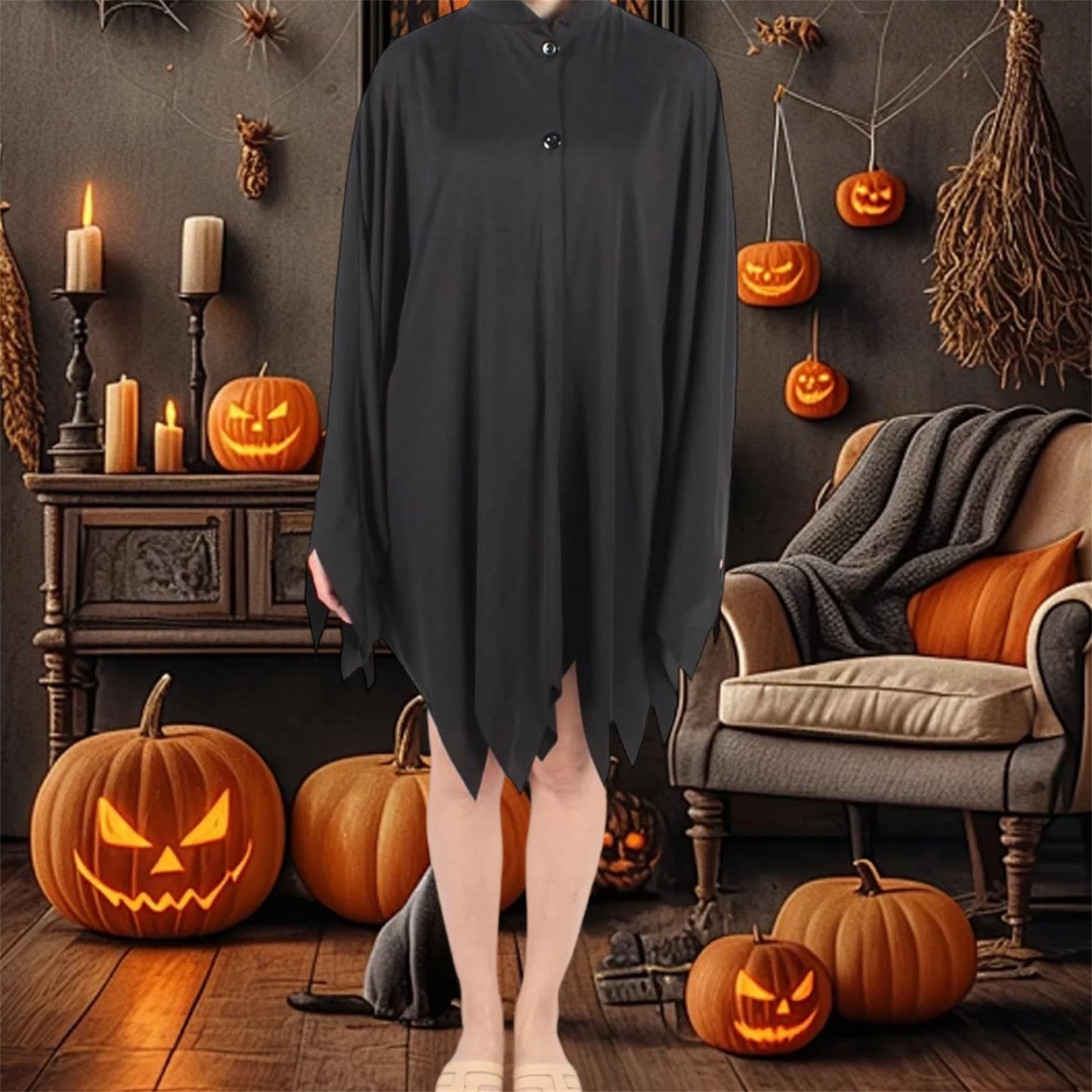 Black Gothic Hooded Cloak for Adults Halloween Costume Unisex Cosplay Cape with Mothman Design for Men and Women