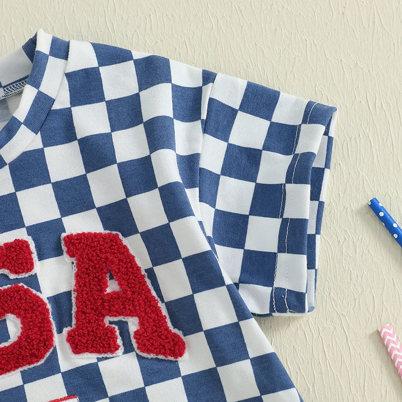 Infant Independence Day  Oversized Design with USA Flag Detail and Checkered Pattern Short Sleeves Baby Outfit