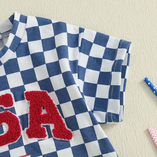 Infant Independence Day  Oversized Design with USA Flag Detail and Checkered Pattern Short Sleeves Baby Outfit