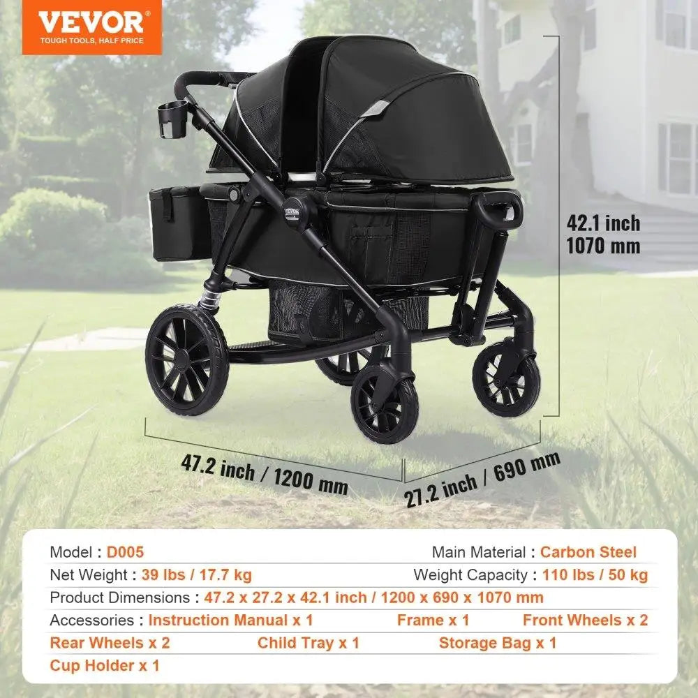 All-Terrain 2 Seat Foldable Expedition 2-in-1 Wagon Stroller with Canopy Parent Organizer Snack Tray Cup Holders 55lbs Black