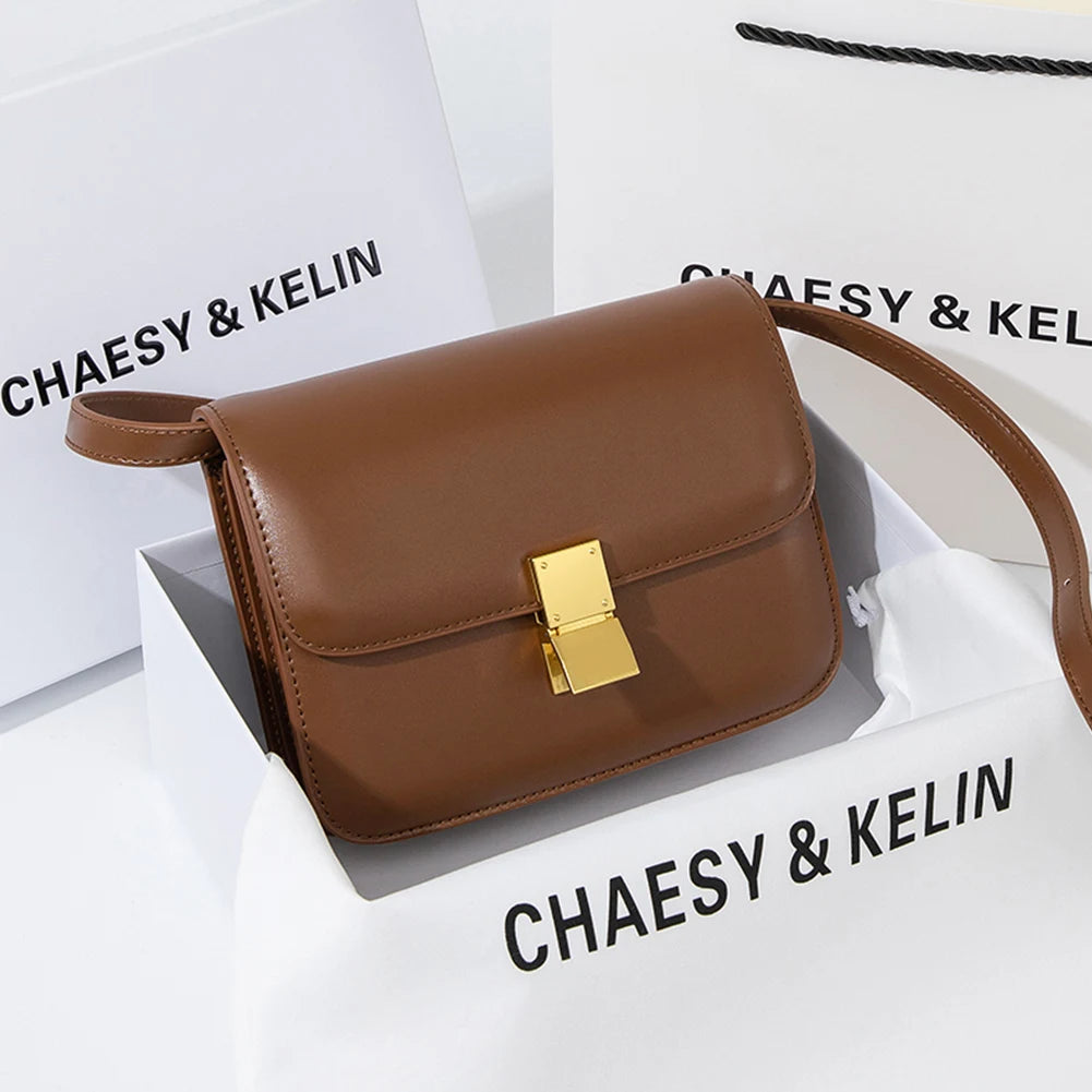 Leather Shoulder Bag for Women Small Square Bag Metal Lock Fashion Messenger Bag Luxury Designer Handbag Casual Commuting Bag