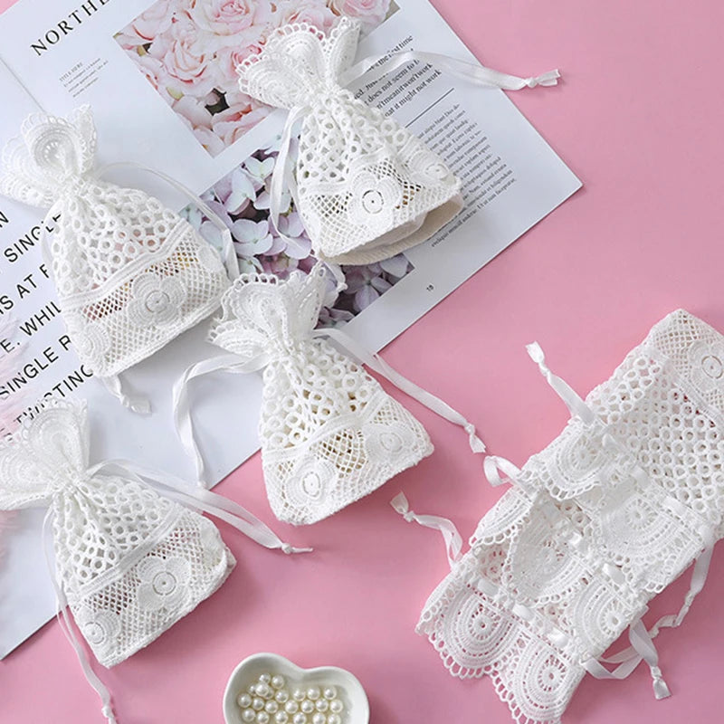 White Lace Drawstring Favor Bags for Wedding Party Favors Bridal Shower Baby Shower and Special Events - Pack of 50