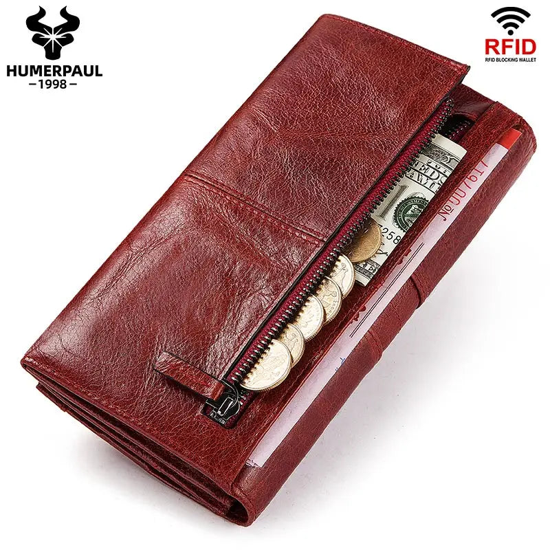 HUMERPAUL Genuine Leather Fashion Wallets For Women Long Clutch Money Bag With Phone Pocket High Quality Credit Card Holder RFID