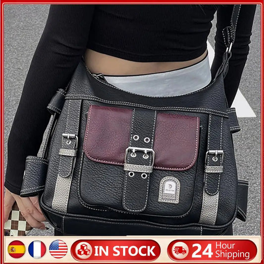 Girls Large Capacity Crossbody Bag Adjustable Strap Retro Sling Bag Multi-Pocket Contrast Color for Traveling Shopping Commuting