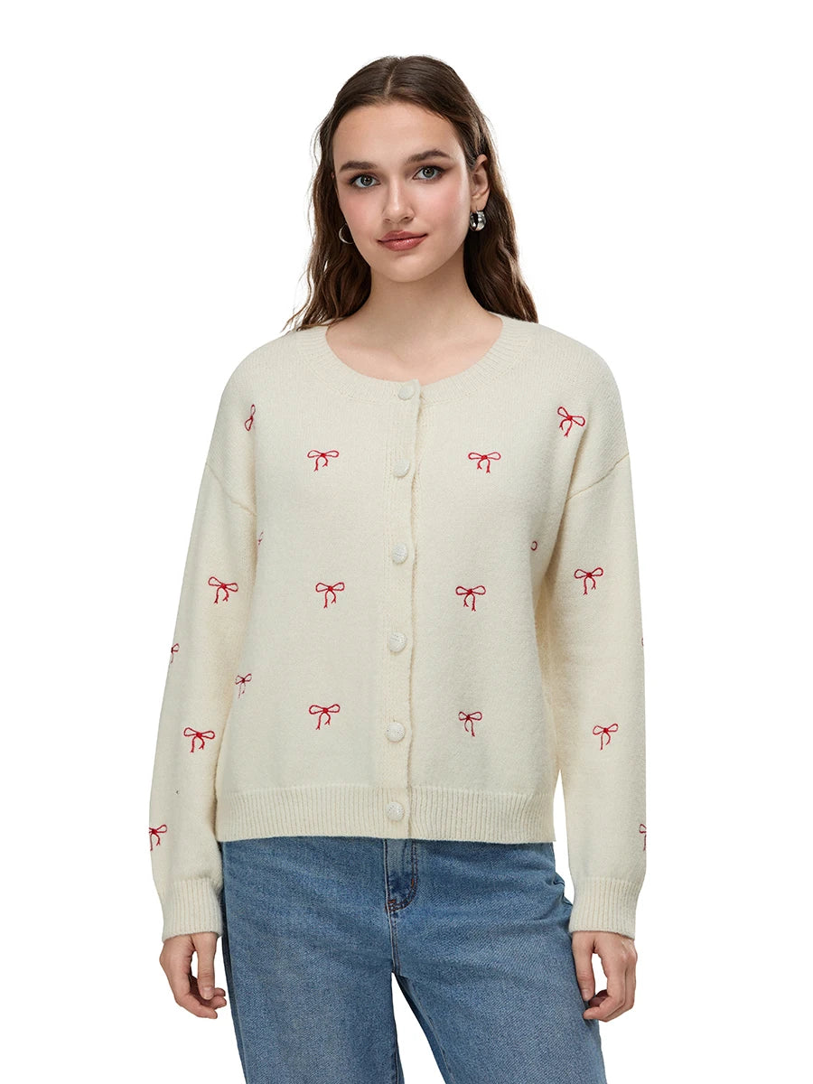 Women s Floral Embroidered Cardigan with Crew Neck and Button Down Closure Long Sleeve Knit Sweater for Casual Street Style