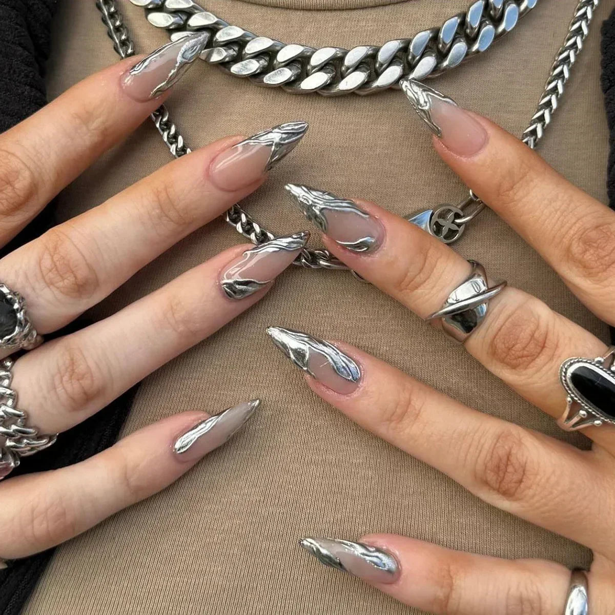 24Pcs False Nails Spicy Girl Silver Bow with Diamond Fake Nails with Glue Almond Press on Nails Black Cool Almond Nail Set