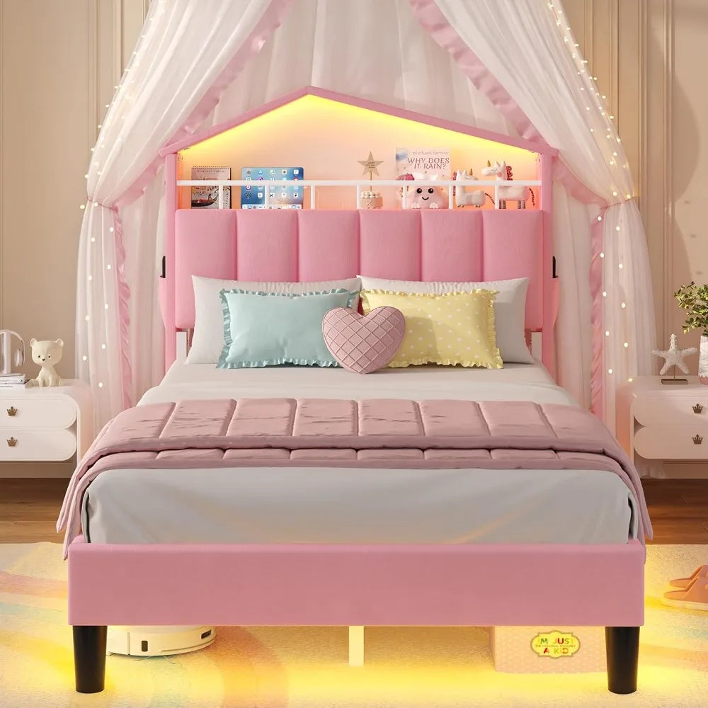 Twin Girls Bed Frame with LED Lights,Princess Velvet Upholstered Bed,Platform Bed for Girls,Led Bed Frame Twin, Headboard with