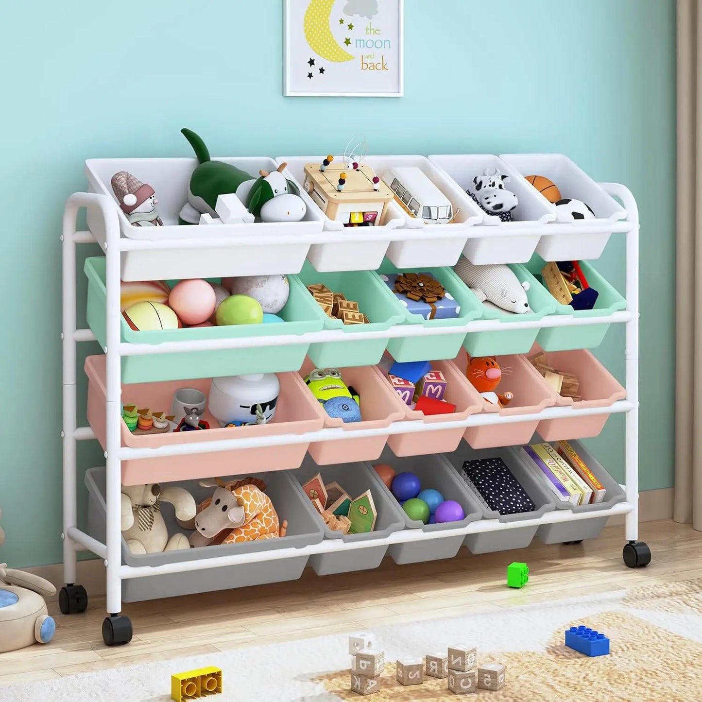 Kids Toy Storage Organizer with 20 Plastic Bins, 4-Tier Metal Toy Storage Rack, Extra Large Toy Organizer and Storage Bins for K