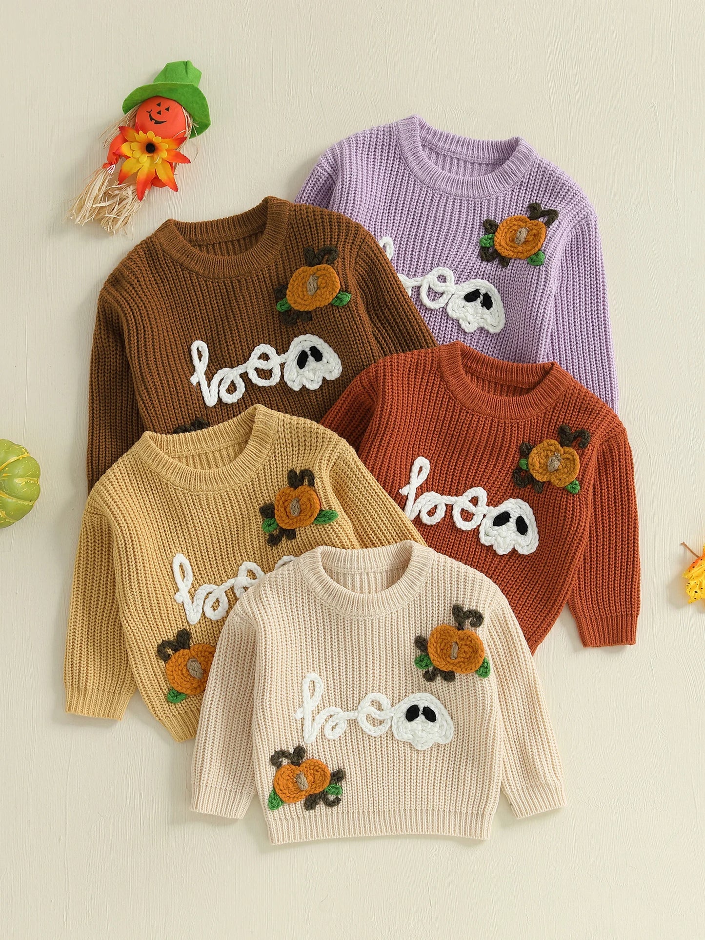 Kids Halloween Sweater with Spooky Pumpkin Embroidery and Cozy Crew Neck - Long Sleeve Knitwear Pullover for Boys and Girls