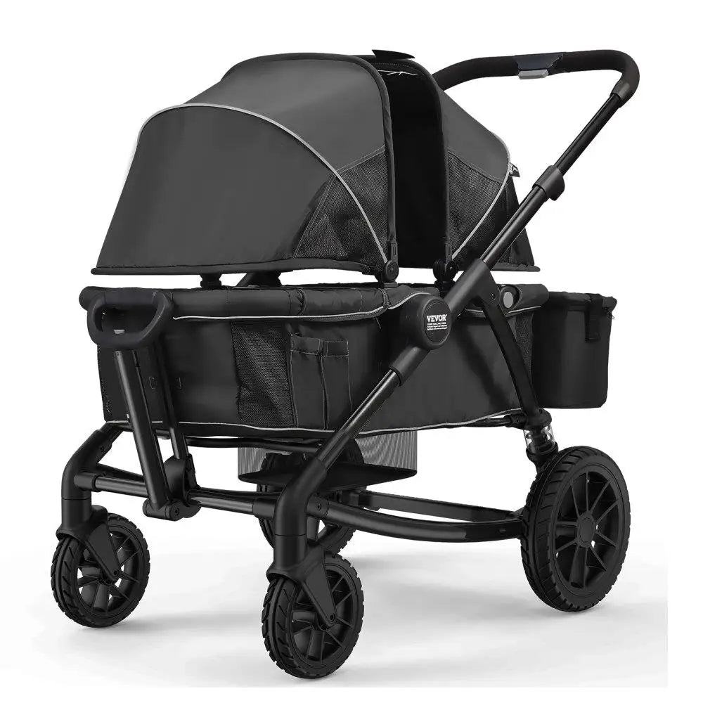 All-Terrain 2 Seat Foldable Expedition 2-in-1 Wagon Stroller with Canopy Parent Organizer Snack Tray Cup Holders 55lbs Black