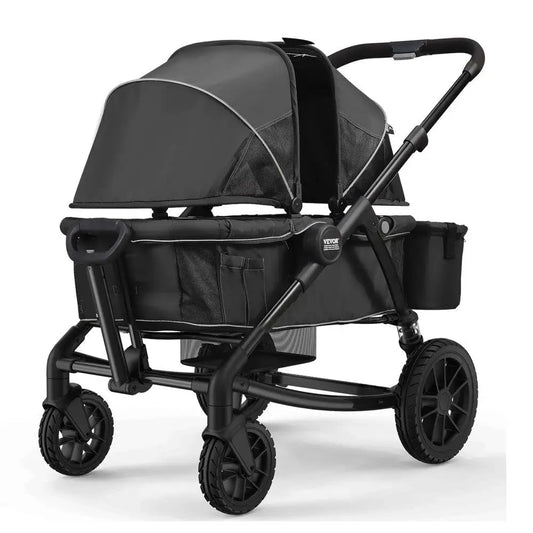 All-Terrain 2 Seat Foldable Expedition 2-in-1 Wagon Stroller with Canopy Parent Organizer Snack Tray Cup Holders 55lbs Black