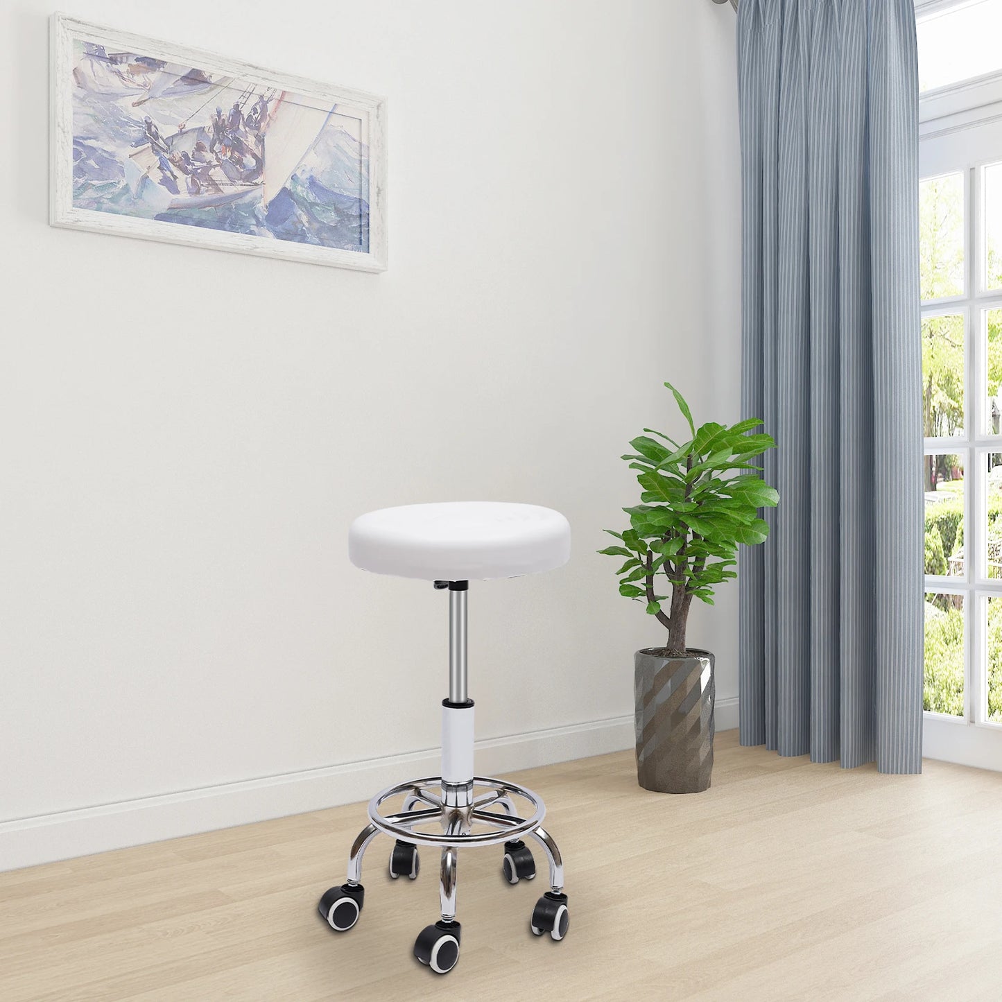 Round Rolling Stool Height Adjustable with Wheels and Foot Rest for Spa Salon Massage White/Black Chair