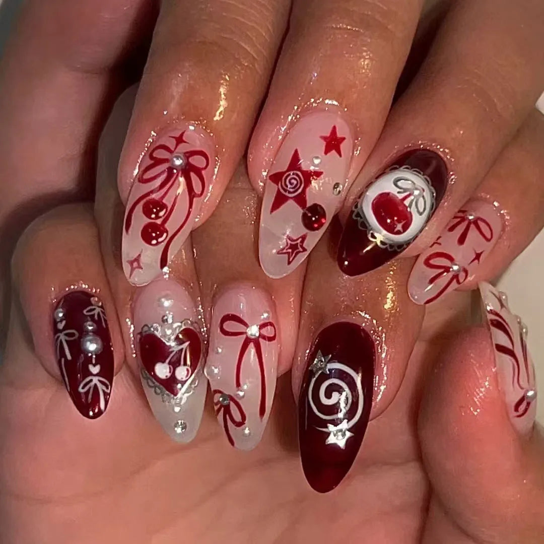24Pcs False Nails Spicy Girl Silver Bow with Diamond Fake Nails with Glue Almond Press on Nails Black Cool Almond Nail Set