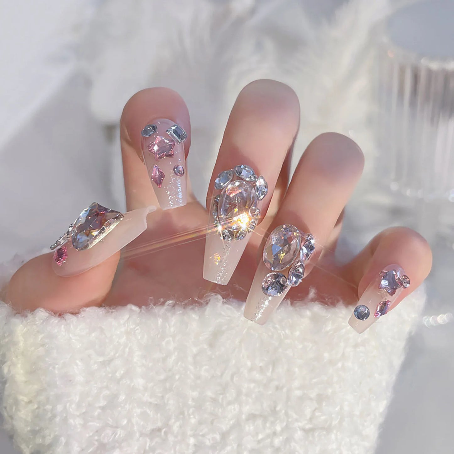 French False Nail for Women Coffin White Tips Artificial Nail with Star Pattern for Women and Girl Nail Salon at Home Portable