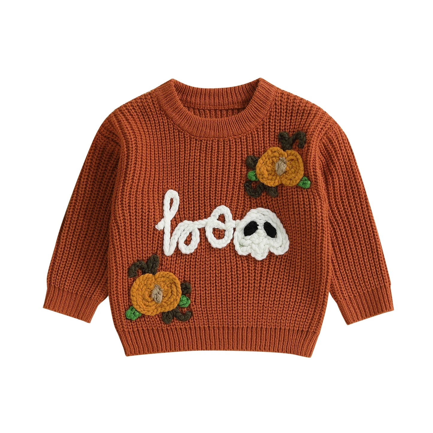 Kids Halloween Sweater with Spooky Pumpkin Embroidery and Cozy Crew Neck - Long Sleeve Knitwear Pullover for Boys and Girls