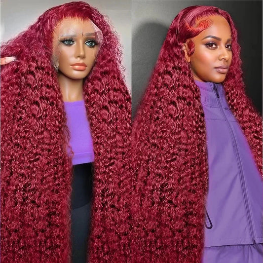 200 Density 13x4 Curly 99J Burgundy Colored Lace Front Wig 30 36 Inch Deep Wave 13x6 HD Lace Frontal Human Hair Wigs For Women