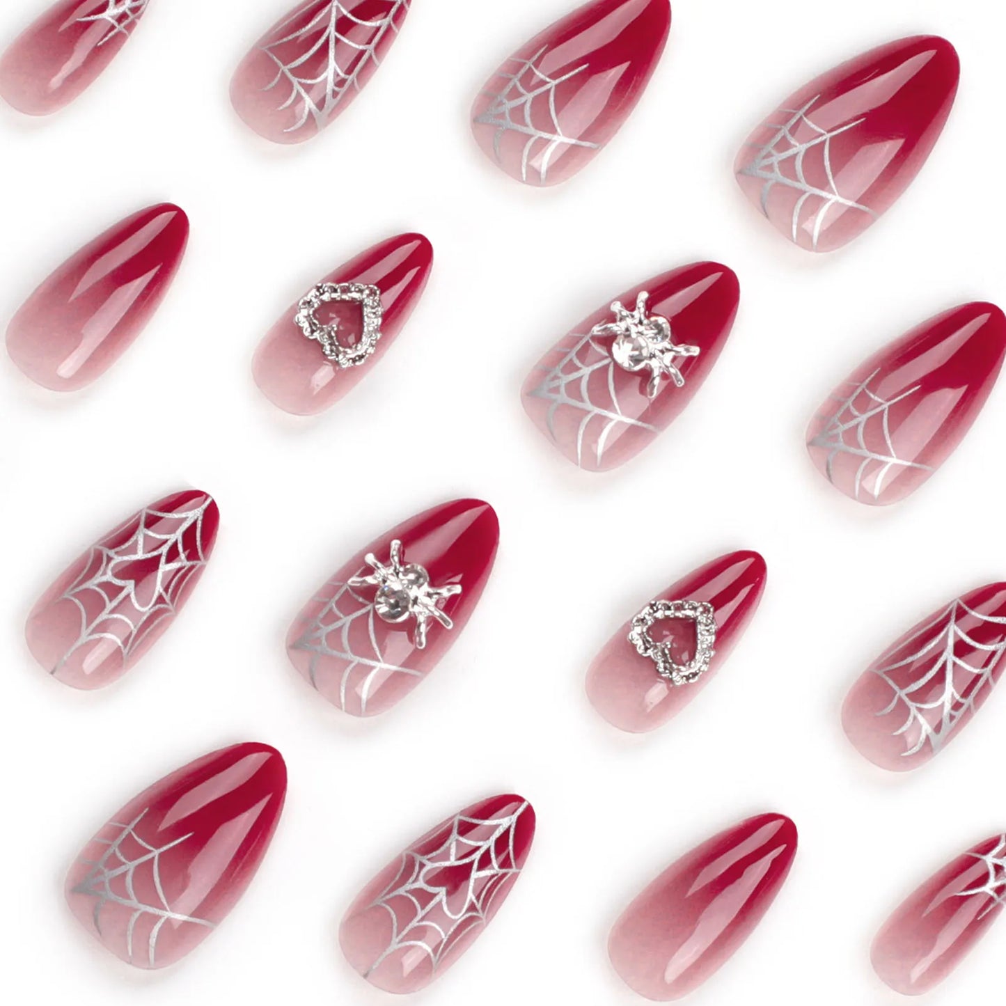 Almond Red Press-on Nail Silver Spiderweb Pattern Heart Decor Artificial Nail for Women and Girl Party Activity
