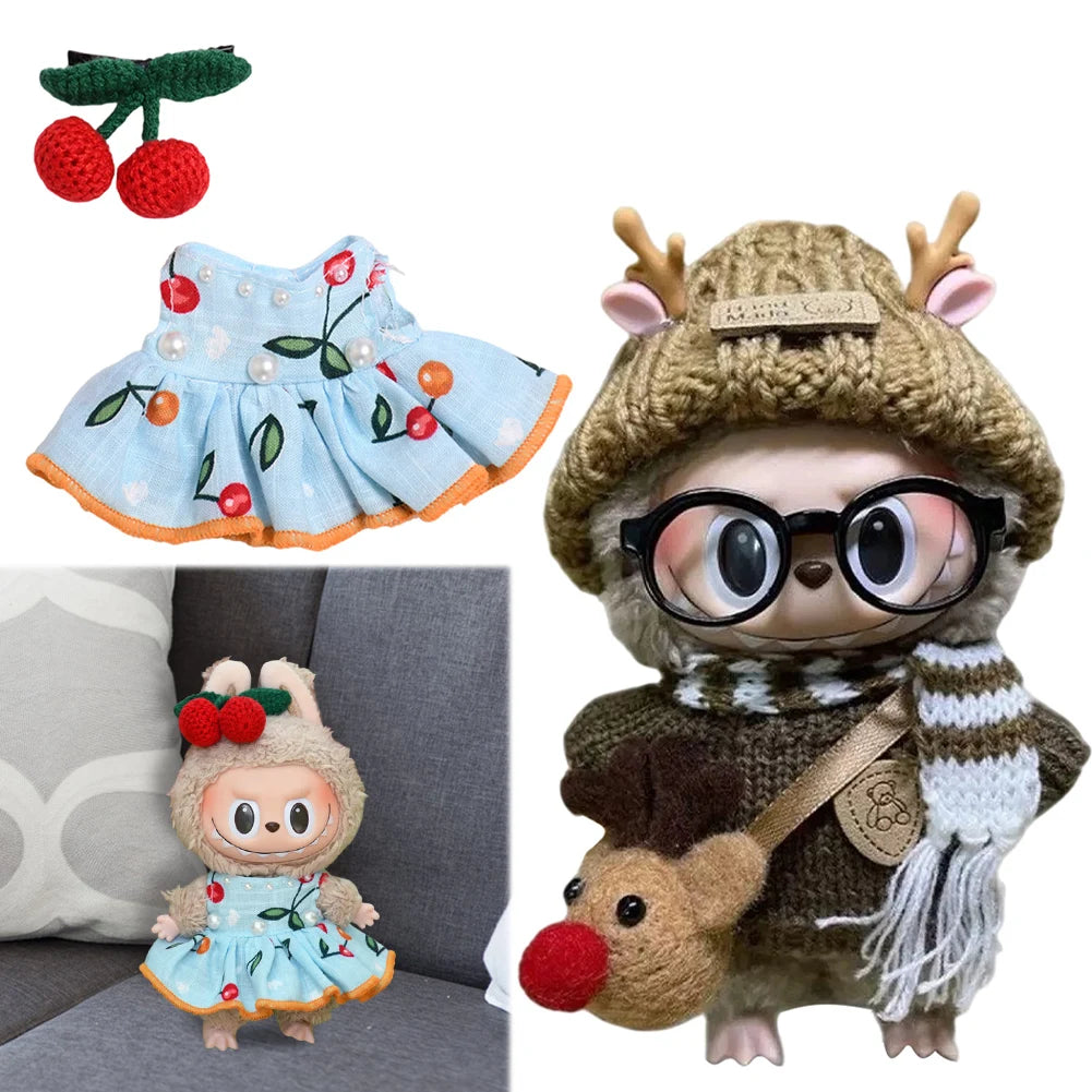 Mini Doll Outfit Cute Plush Sweater Reusable Cotton Elk Coat Cherry Pleated Skirt Hairpin Set for Baby Kid DIY Creative Toy