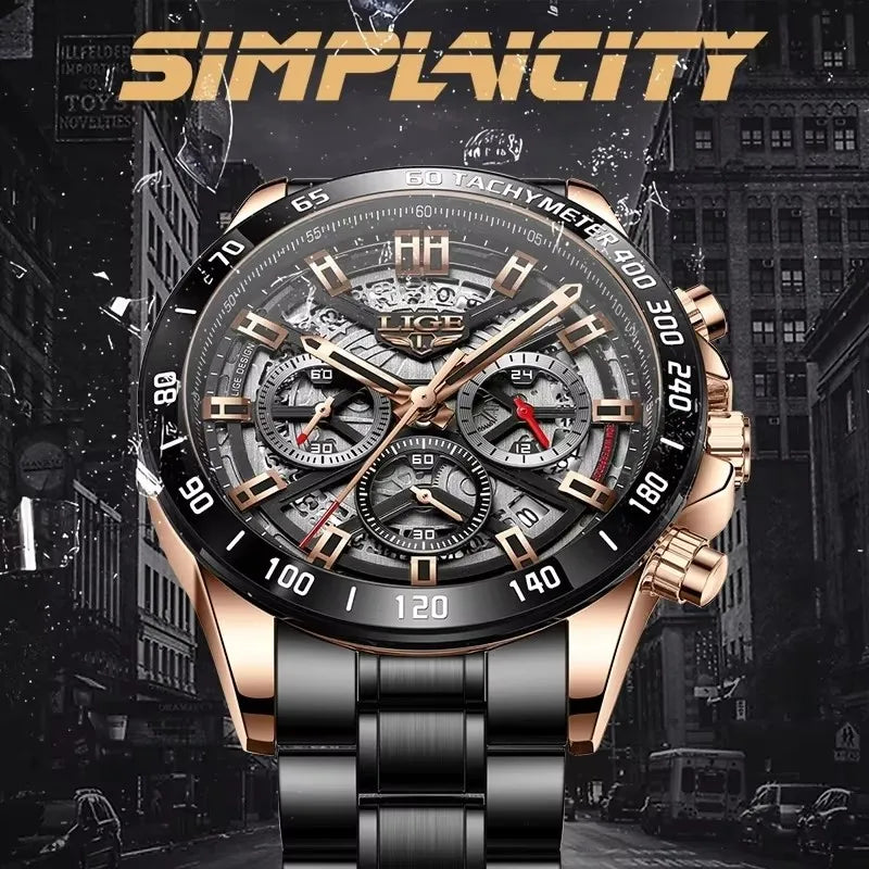 LIGE New Men Casual Sports Watch Top Brand Luxury Watch Waterproof Date Chronograph Stainless Steel Quartz Wristwatch for Men