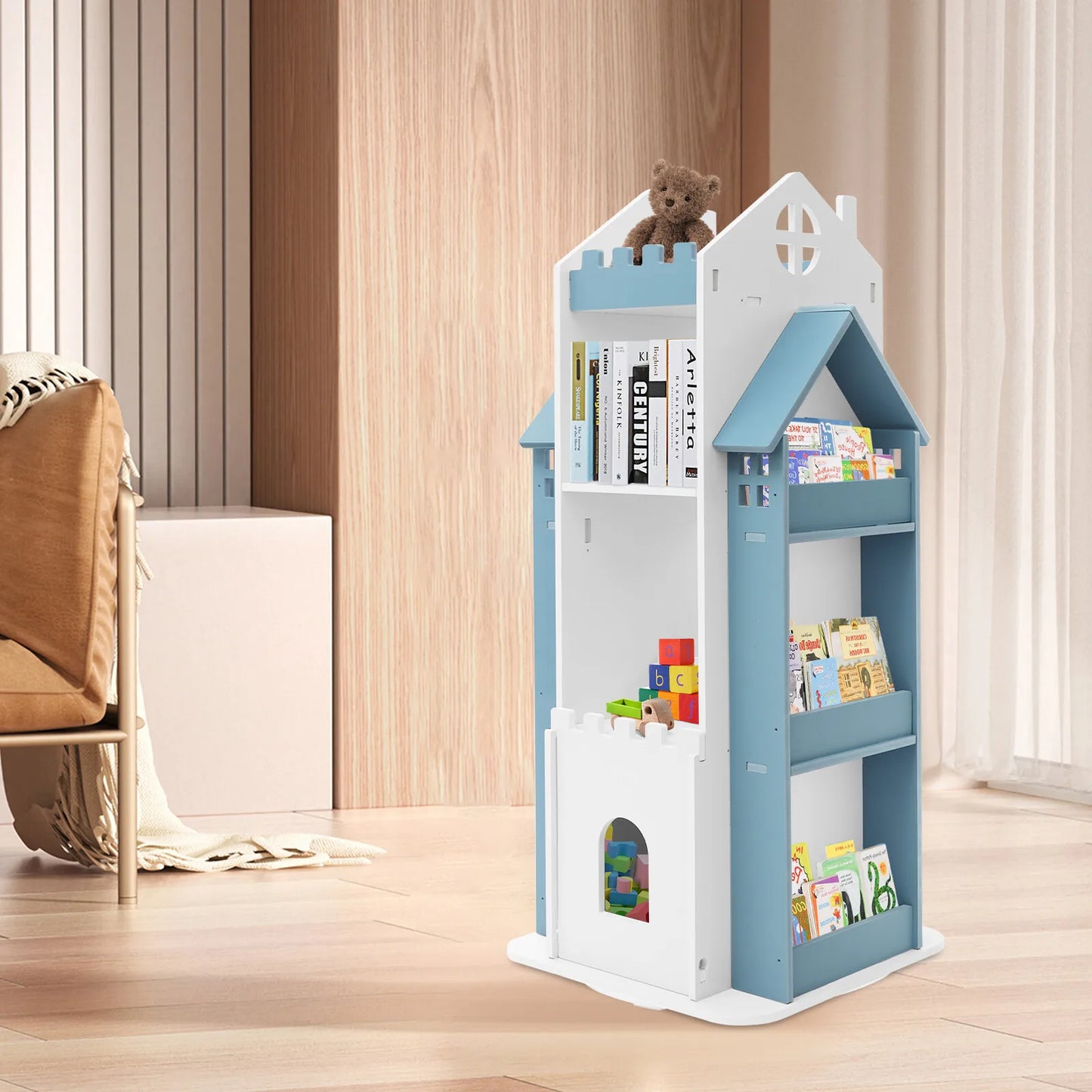 Rotating Children's Bookshelf, Book Display Shelf, Floor Standing Bookshelf Blue