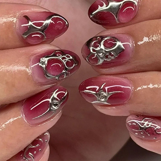 24Pcs False Nails Spicy Girl Silver Bow with Diamond Fake Nails with Glue Almond Press on Nails Black Cool Almond Nail Set