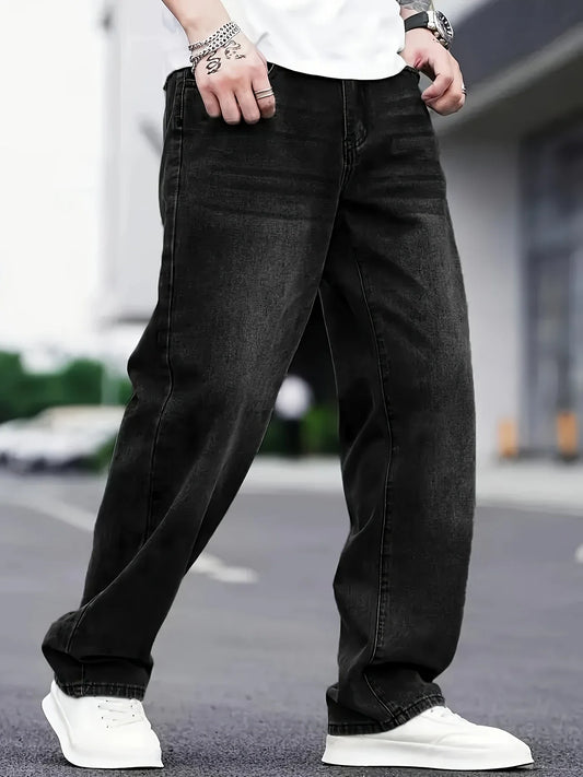 Men's Classic Cotton Blend Jeans - Relaxed Fit, Straight Leg, Solid Color Denim, Comfortable Street Style Pants for All Seasons,