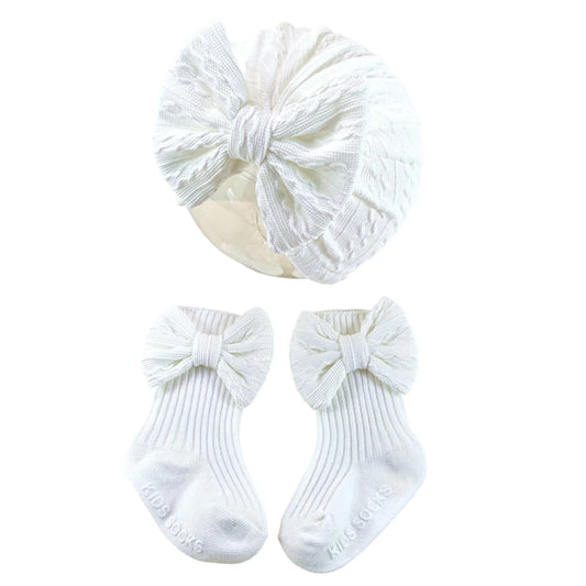 Baby Girl Turban Hat and Socks Set Infant Bow Hat Soft Cute Beanie Caps for Newborn Girls