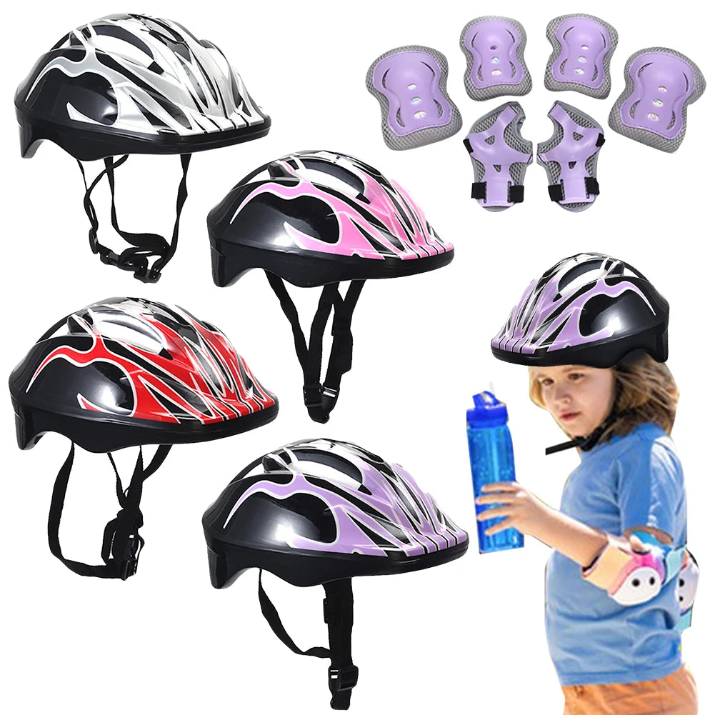 7Pcs Kids Helmet Knee Elbow Pad Sets Protective Gear Set Wrist Pad Kid Bicycle Cycling Safety Helmet Set Sport Protective Supply