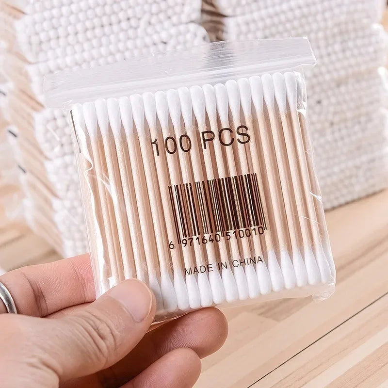 500pcs Double Head Wood Cotton Swab Nose Ears Cleaning Women Makeup Tools Lipstik Cotton Buds Tip Sticks Health Care